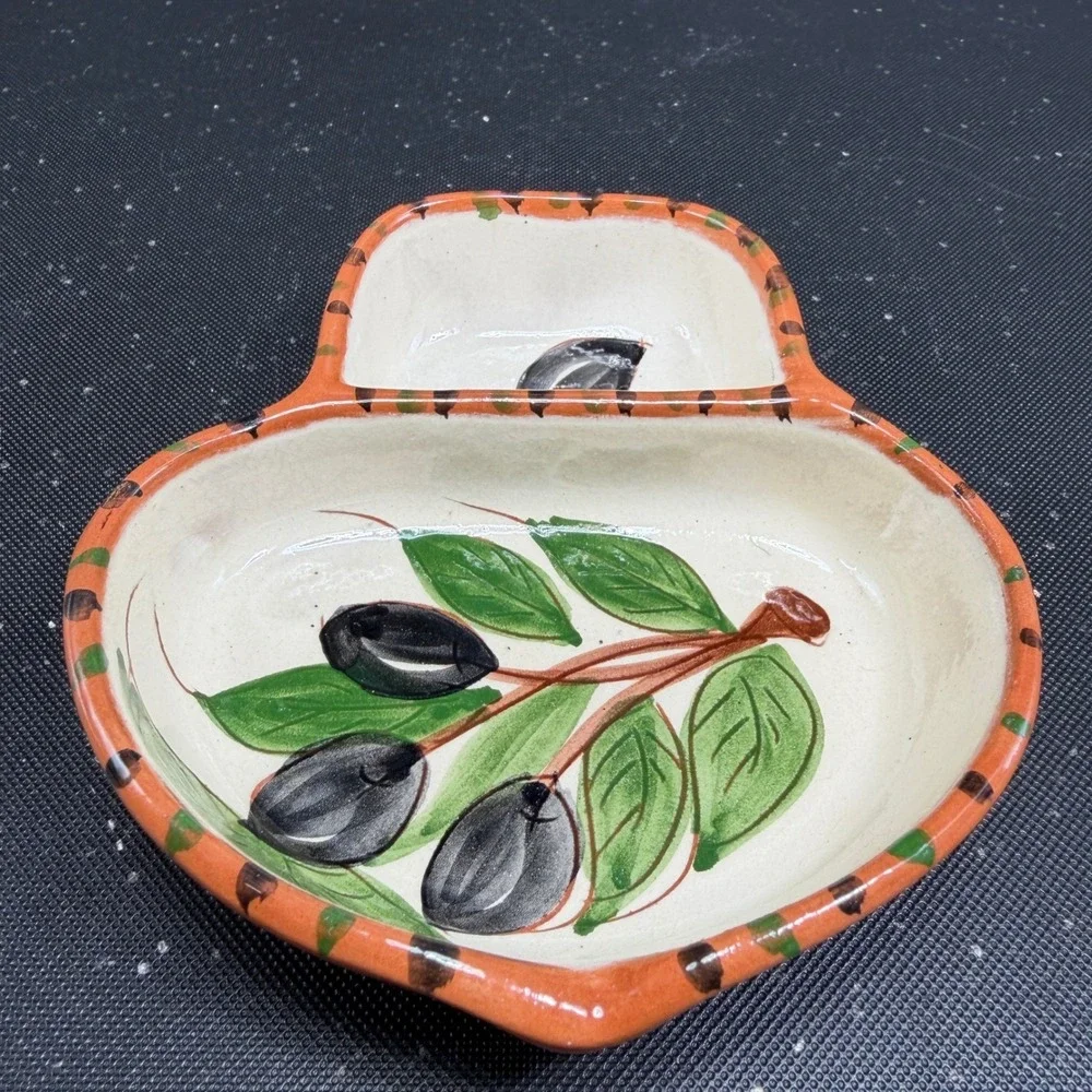 Olaria Oliverio Dourado Portugal Hand Painted Ceramic Olive Divided Serving Dish